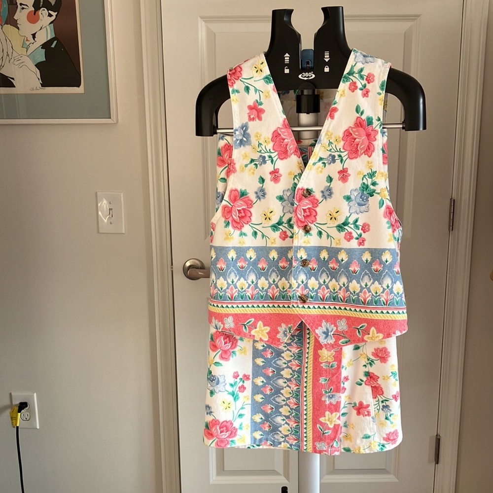Vivaldi 100% cotton denim floral print skirt 6 & matching vest S vintage 80s/90s